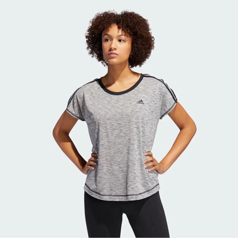 Adidas - Gray/Black & White Stripe climalite athletic striped workout shirt sz M